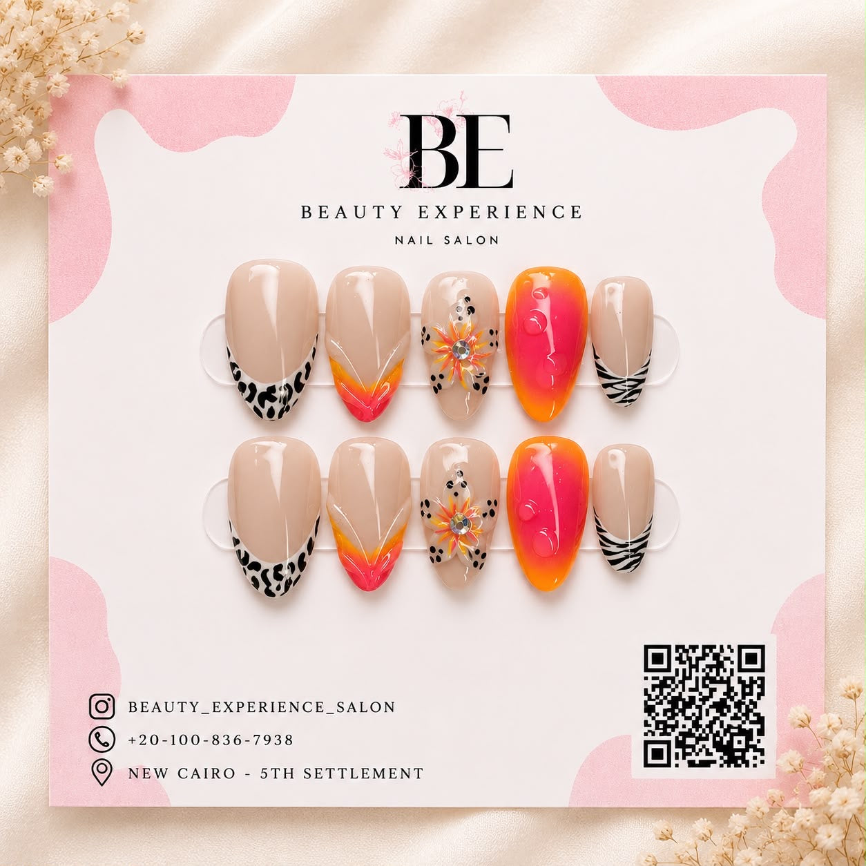 Press On Nails - Customized 3D Flowers - French dots press-on nails